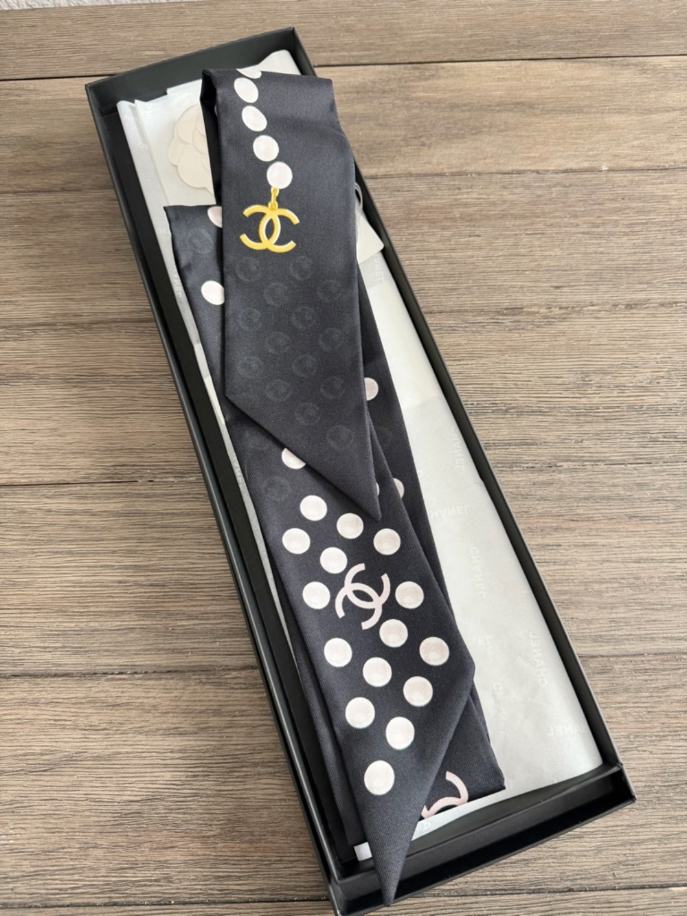 CHANEL Black Silk Polka Dot Twilly with Gold CC Motif - Picture 2 of 6